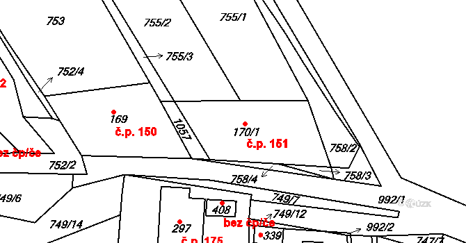 Vrchoslav 151, Krupka na parcele st. 170/1 v KÚ Vrchoslav, Katastrální mapa