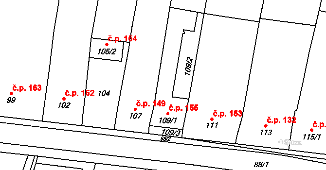 Chvalovice 155 na parcele st. 109/1 v KÚ Chvalovice, Katastrální mapa