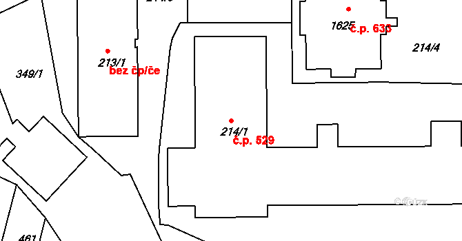 Komárov 529, Brno na parcele st. 214/1 v KÚ Komárov, Katastrální mapa