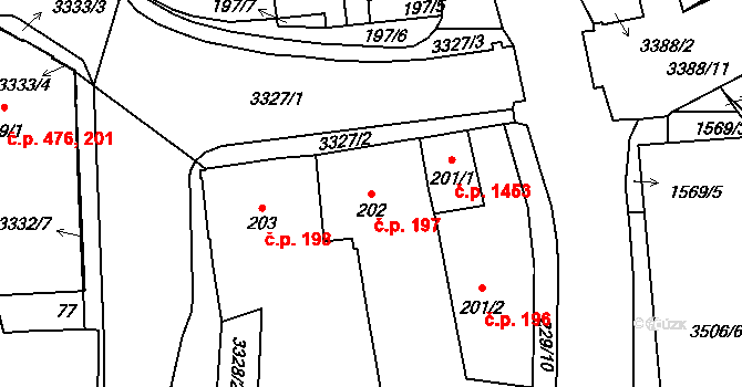 Pelhřimov 197 na parcele st. 202 v KÚ Pelhřimov, Katastrální mapa