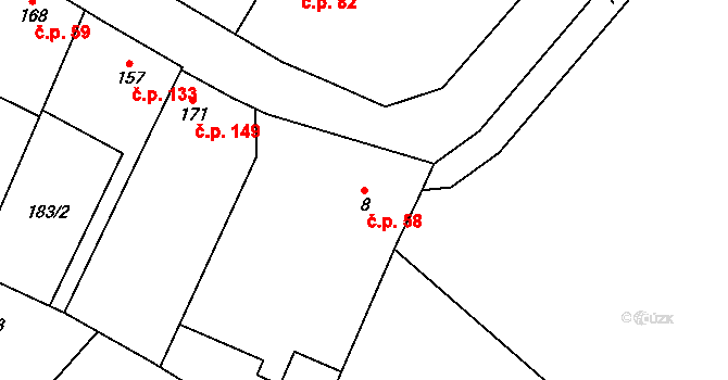 Čečelice 58 na parcele st. 8 v KÚ Čečelice, Katastrální mapa