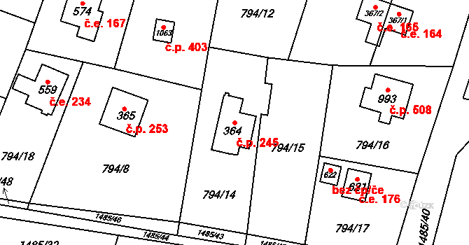 Skalice 245, Frýdek-Místek na parcele st. 364 v KÚ Skalice u Frýdku-Místku, Katastrální mapa