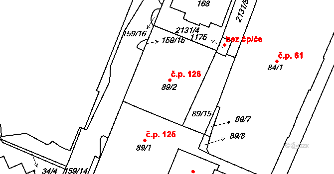 Mariánské Lázně 126 na parcele st. 89/2 v KÚ Mariánské Lázně, Katastrální mapa