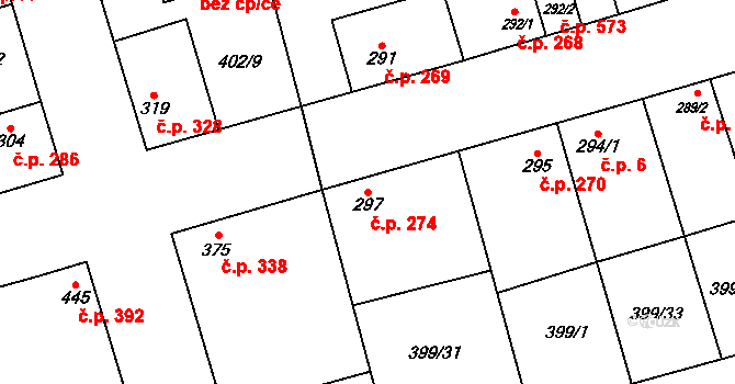 Veltrusy 274 na parcele st. 297 v KÚ Veltrusy, Katastrální mapa