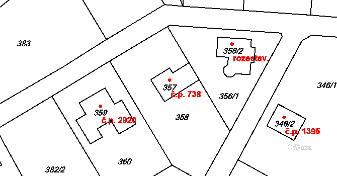 Stodůlky 738, Praha na parcele st. 357 v KÚ Stodůlky, Katastrální mapa
