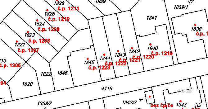 Dejvice 1222, Praha na parcele st. 1844 v KÚ Dejvice, Katastrální mapa