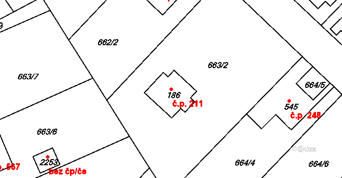 Sezimovo Ústí 211 na parcele st. 186 v KÚ Sezimovo Ústí, Katastrální mapa