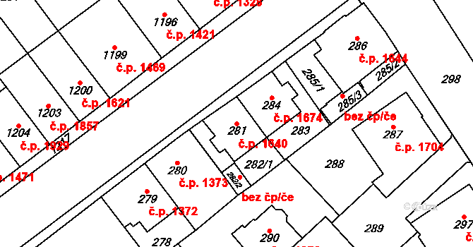 Chomutov 1640 na parcele st. 281 v KÚ Chomutov I, Katastrální mapa