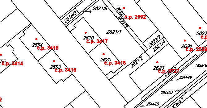 Chomutov 3418 na parcele st. 2620 v KÚ Chomutov II, Katastrální mapa