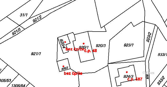 Liberec XXV-Vesec 48, Liberec na parcele st. 920/1 v KÚ Vesec u Liberce, Katastrální mapa
