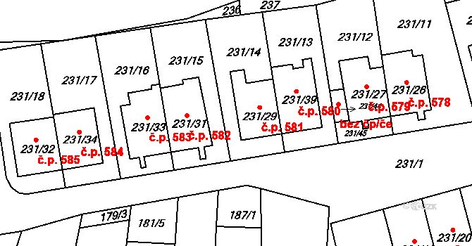 Blučina 581 na parcele st. 231/29 v KÚ Blučina, Katastrální mapa
