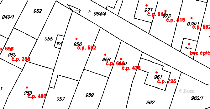 Střelice 649 na parcele st. 958 v KÚ Střelice u Brna, Katastrální mapa