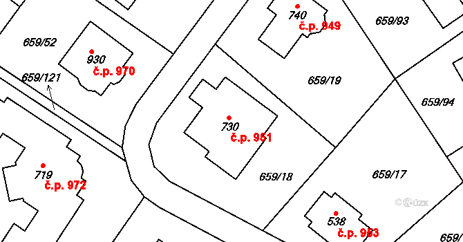 Hlubočinka 951, Sulice na parcele st. 730 v KÚ Sulice, Katastrální mapa