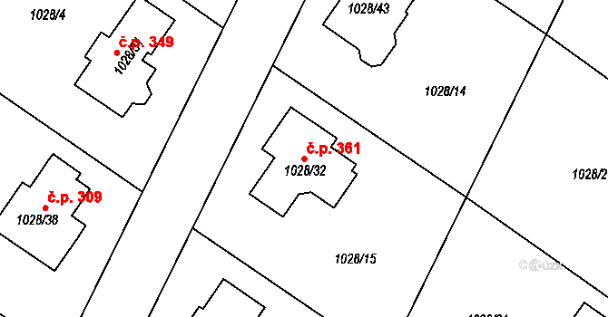 Křelov 361, Křelov-Břuchotín na parcele st. 1028/32 v KÚ Křelov, Katastrální mapa