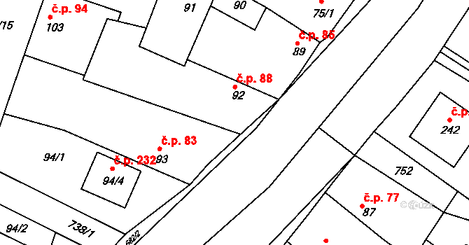 Mečeříž 88 na parcele st. 92 v KÚ Mečeříž, Katastrální mapa