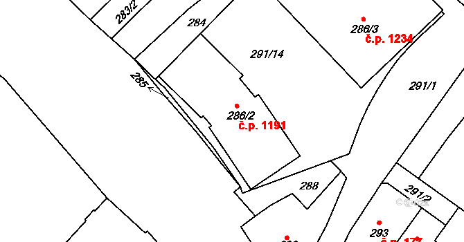 Lovosice 1191 na parcele st. 286/2 v KÚ Lovosice, Katastrální mapa