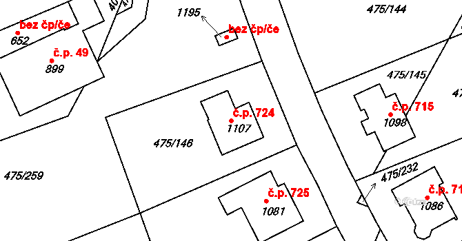 Dolní Bousov 724 na parcele st. 1107 v KÚ Dolní Bousov, Katastrální mapa