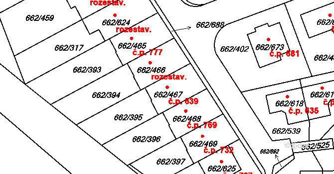 Moravany 639 na parcele st. 662/467 v KÚ Moravany u Brna, Katastrální mapa