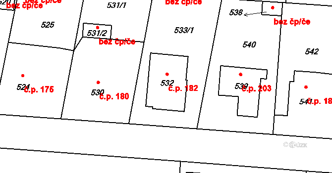 Netvořice 182 na parcele st. 532 v KÚ Netvořice, Katastrální mapa