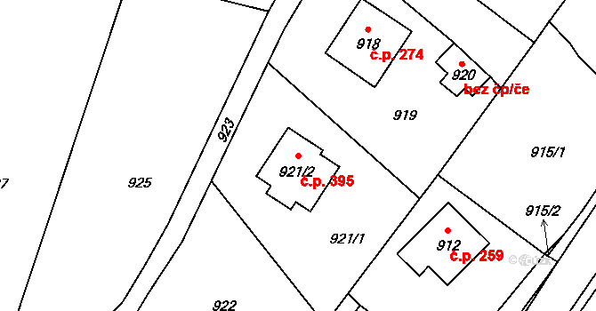 Hvozdná 395 na parcele st. 921/2 v KÚ Hvozdná, Katastrální mapa