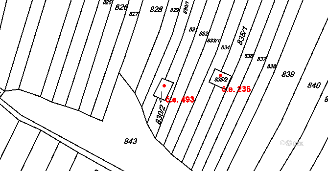 Obřany 493, Brno na parcele st. 830/2 v KÚ Obřany, Katastrální mapa