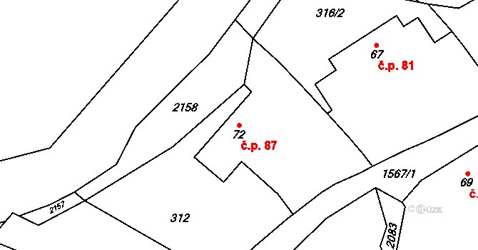 Hrejkovice 87 na parcele st. 72 v KÚ Hrejkovice, Katastrální mapa