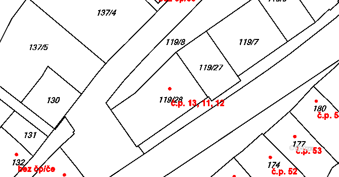 Žďár nad Sázavou 1 11,12,13, Žďár nad Sázavou na parcele st. 119/28 v KÚ Město Žďár, Katastrální mapa