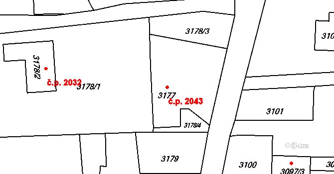 Prostřední Dvůr 2043, Vítkov na parcele st. 3177 v KÚ Vítkov, Katastrální mapa