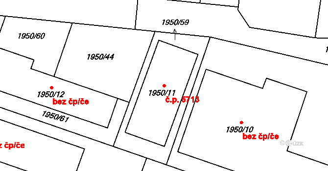 Jihlava 5713 na parcele st. 1950/11 v KÚ Jihlava, Katastrální mapa