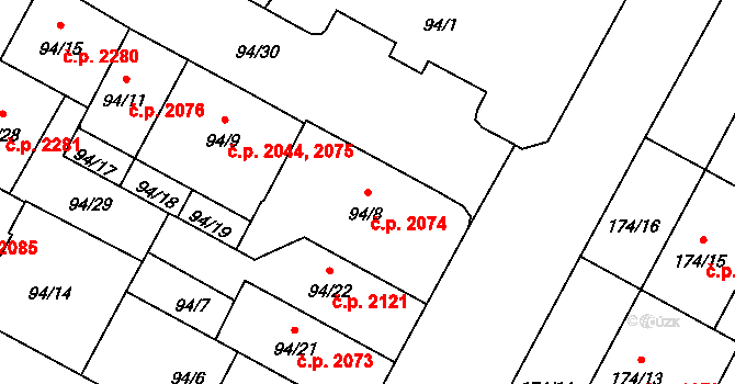 Předměstí 2074, Opava na parcele st. 94/8 v KÚ Opava-Předměstí, Katastrální mapa