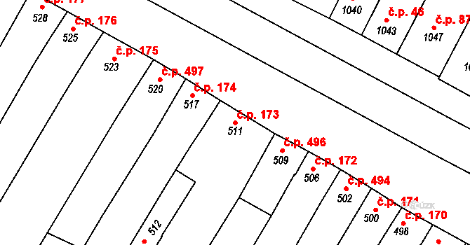 Hluk 173 na parcele st. 511 v KÚ Hluk, Katastrální mapa