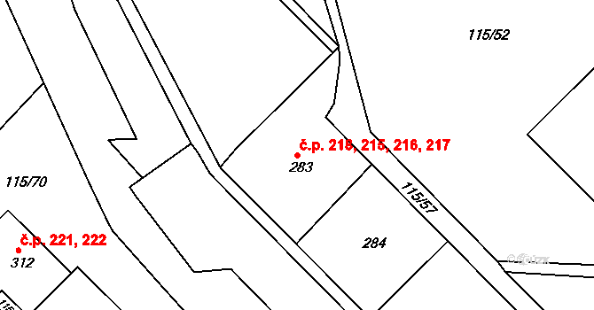 Obrnice 215,216,217,218 na parcele st. 286 v KÚ Obrnice, Katastrální mapa