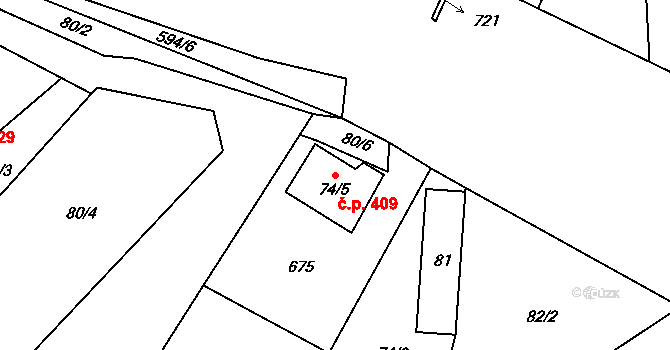 Bohušovice nad Ohří 409 na parcele st. 74/5 v KÚ Bohušovice nad Ohří, Katastrální mapa