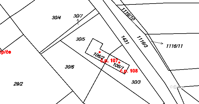 Krč 107, Protivín na parcele st. 106/2 v KÚ Krč u Protivína, Katastrální mapa