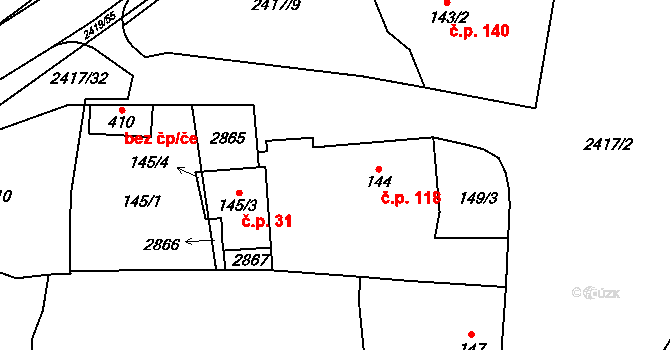 Klenčí pod Čerchovem 118 na parcele st. 144 v KÚ Klenčí pod Čerchovem, Katastrální mapa