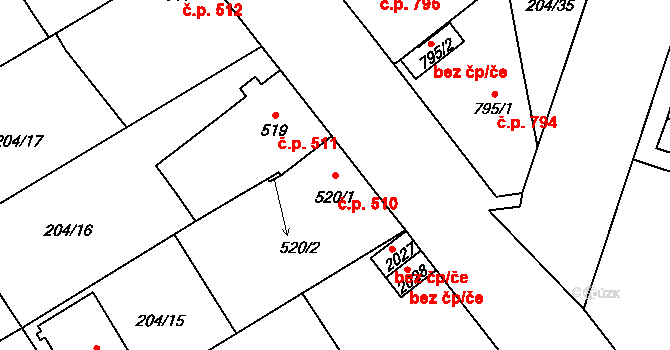 Přeštice 510 na parcele st. 520/1 v KÚ Přeštice, Katastrální mapa