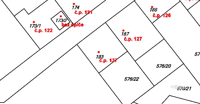 Hornická Čtvrť 137, Chvaletice na parcele st. 193 v KÚ Chvaletice, Katastrální mapa
