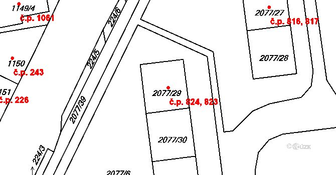 Třemošná 823,824 na parcele st. 2077/29 v KÚ Třemošná, Katastrální mapa