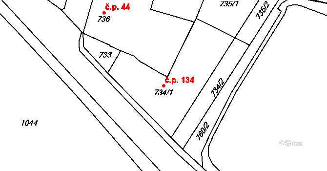 Kunštát 134 na parcele st. 734/1 v KÚ Kunštát na Moravě, Katastrální mapa