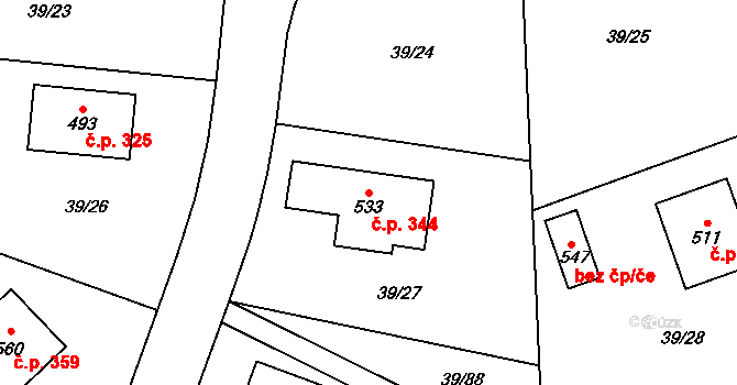 Háj u Duchcova 344 na parcele st. 533 v KÚ Háj u Duchcova, Katastrální mapa
