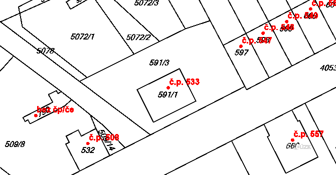 Kryry 533 na parcele st. 591/1 v KÚ Kryry, Katastrální mapa