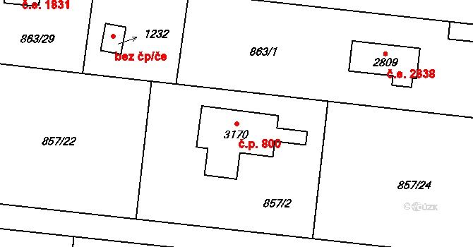 Litice 800, Plzeň na parcele st. 3170 v KÚ Valcha, Katastrální mapa
