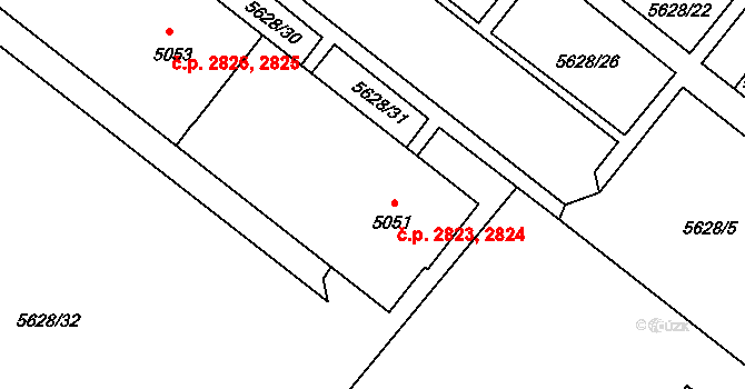 Žatec 2823,2824 na parcele st. 5051 v KÚ Žatec, Katastrální mapa