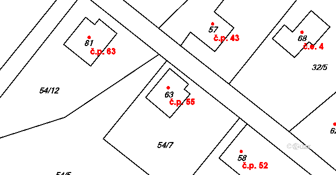 Břevnice 55 na parcele st. 63 v KÚ Břevnice, Katastrální mapa