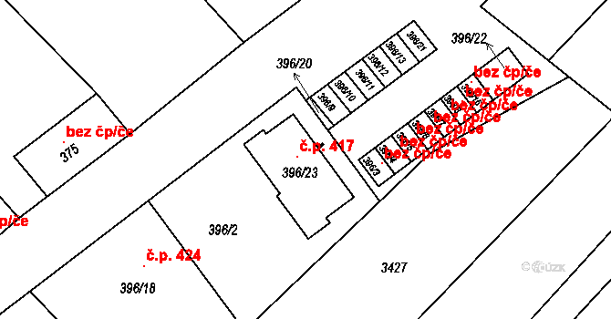 Šaratice 417 na parcele st. 396/23 v KÚ Šaratice, Katastrální mapa