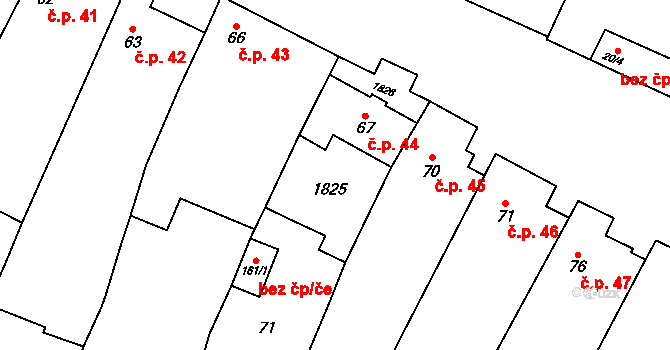 Bohutice 44 na parcele st. 67 v KÚ Bohutice, Katastrální mapa