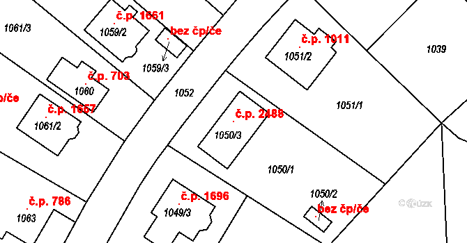 Roztoky 2488 na parcele st. 1050/3 v KÚ Roztoky u Prahy, Katastrální mapa