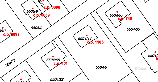 Jihlava 1105 na parcele st. 5504/44 v KÚ Jihlava, Katastrální mapa