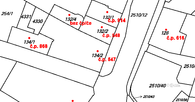 Kyjov 547 na parcele st. 134/2 v KÚ Kyjov, Katastrální mapa