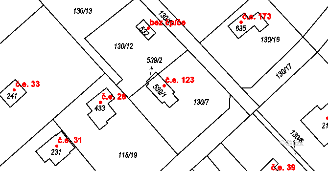 Javorník 123, Čtyřkoly na parcele st. 539/1 v KÚ Čtyřkoly, Katastrální mapa
